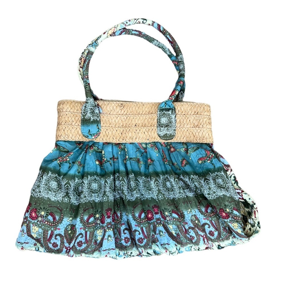 MMS Rafia Shoulder Bag with Sparkly Butterfly & Paisley Design Fabric body.